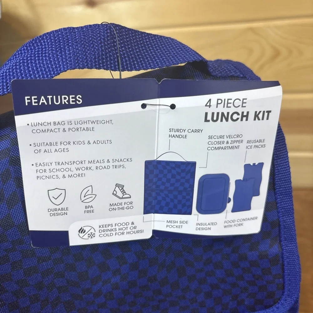 Manna 4 Piece Lunch Kit Blue‎ Checker Insulated Bag Container Ice Packs KF51832